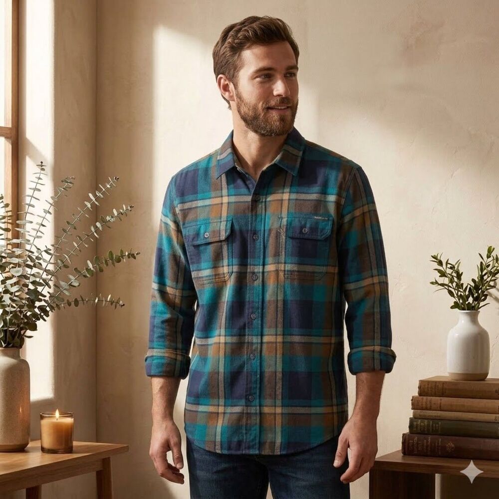 Eddie Bauer Travex Mens M Flannel Shirt Teal Blue Plaid Classic Fit Pocket LS